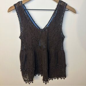 Free People Brown Daydream Tiered Crochet Tank Top with a Pom-Pom Hem, Large